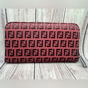 FENDI Vintage Zucca Burgundy & Black Long Zippy Logo Print Wallet